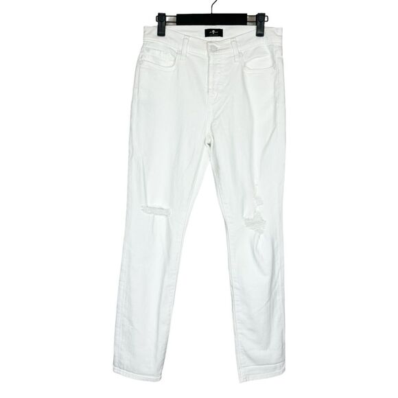 7 For All Mankind Josefina Distressed Straight Leg White Jeans Button Fly Sz 26 - Picture 1 of 7